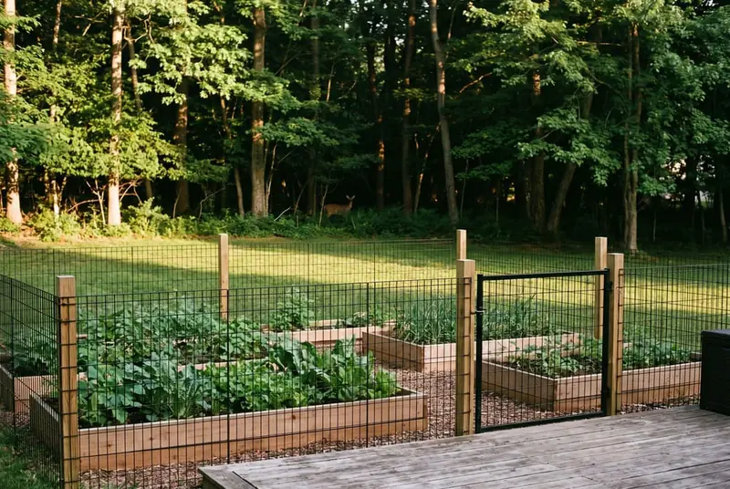 Black welded-wire garden enclosure on wood posts around raised vegetable beds, with a wooded edge behind