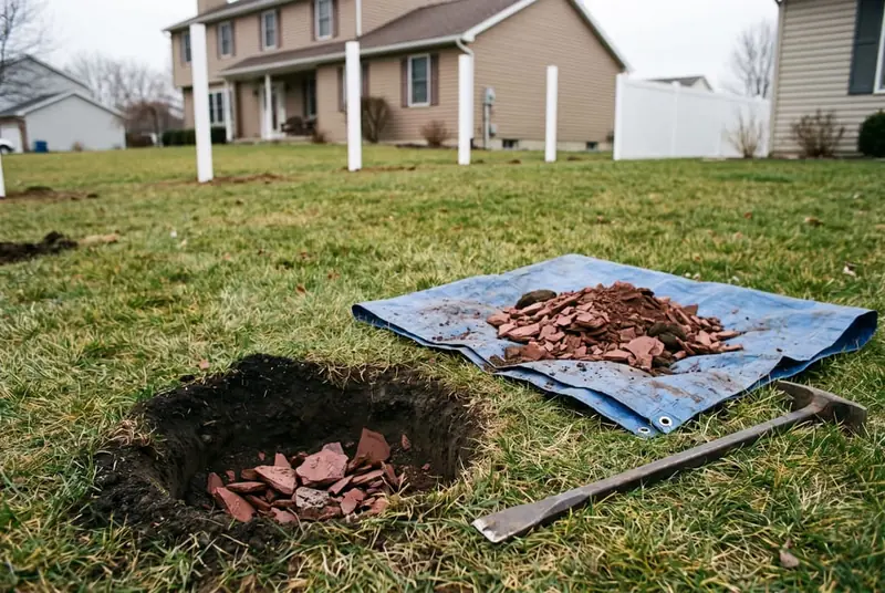Freshly dug fence post hole in a lawn showing brown topsoil over broken dark-red shale fragments