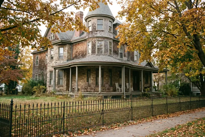 Black ornamental metal fence about 4 ft tall in front of a stone Queen Anne house with a turret and mature trees
