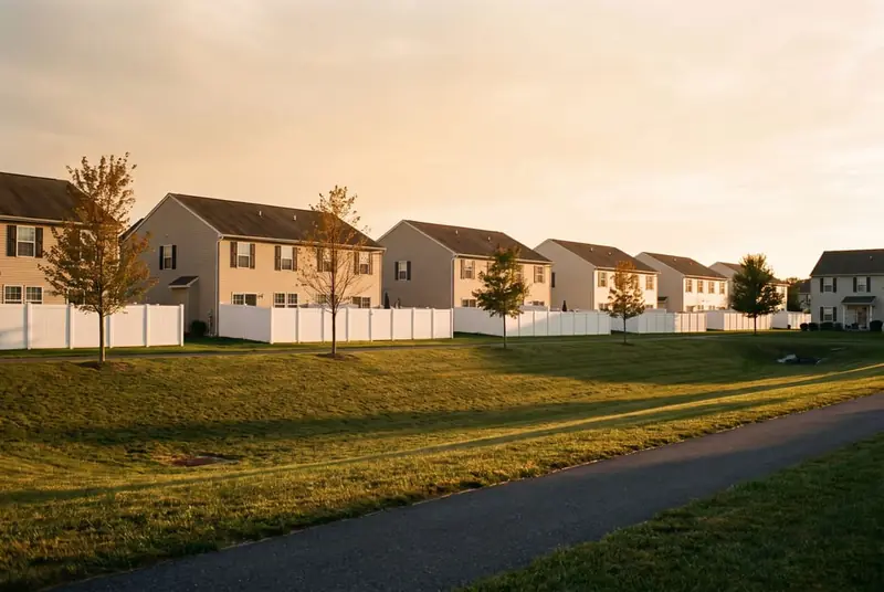 Matching white vinyl privacy fences along the back yards of new two-story homes facing a grassy stormwater basin
