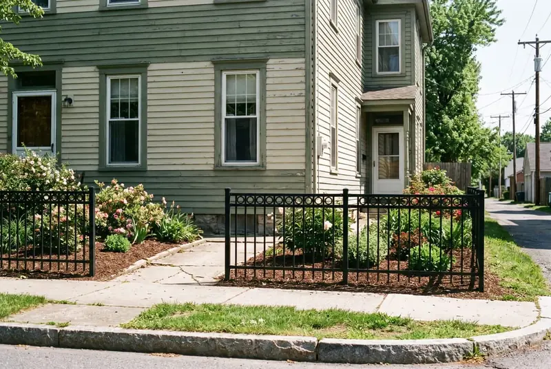Short black aluminum fence framing a front garden bed, set well back from the sidewalk on a narrow borough lot