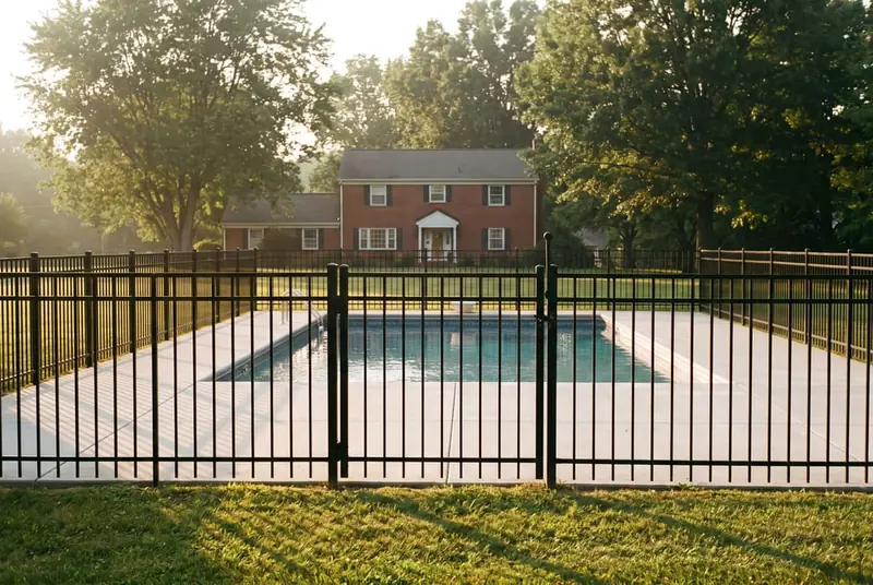 Black aluminum pool fence with a self-closing gate around an in-ground pool on a concrete deck behind a brick colonial