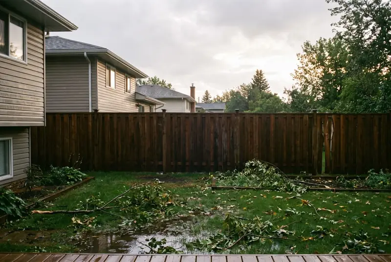 Board-on-board wood privacy fence standing behind a split-level house, with fallen branches on wet lawn after a storm