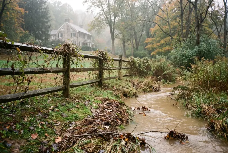 Open split-rail fence running parallel to a wooded creek bank in a suburban backyard after a rain