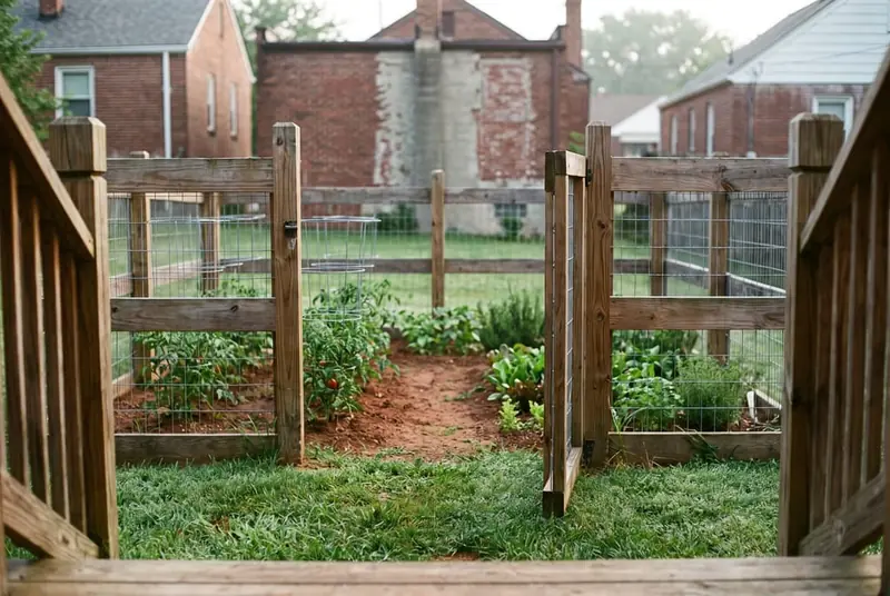 Wood post-and-rail garden fence with welded wire mesh fastened to the inside, around raised vegetable beds