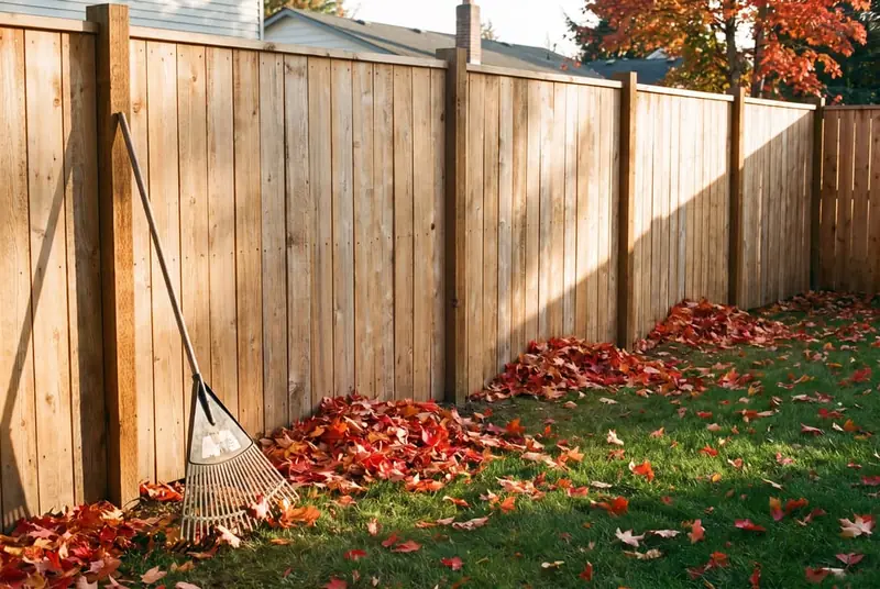 New cedar board fence with red and orange maple leaves gathered along its base in a suburban backyard
