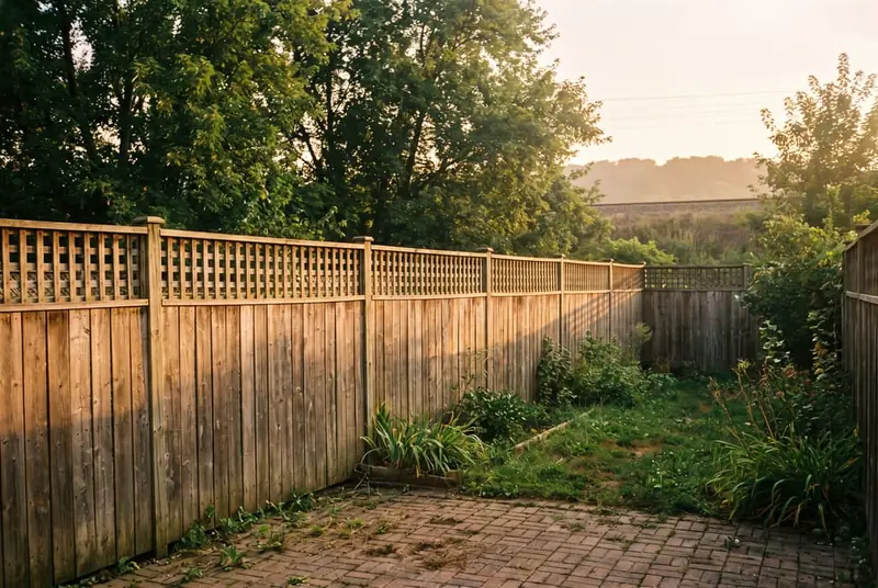 Cedar board privacy fence about 6 ft tall with an open square-lattice topper above it, along a backyard lot line