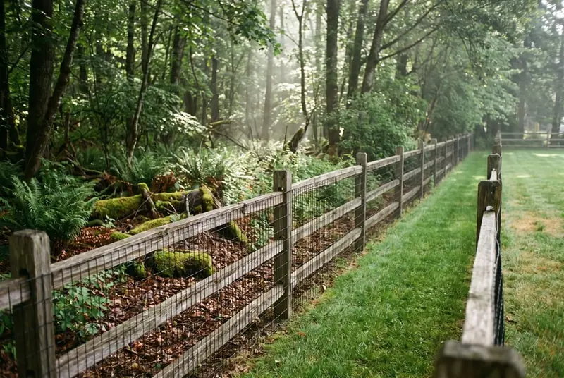 Mowed grass strip running along the inside of a split-rail fence with welded wire, bordering a shady woods edge