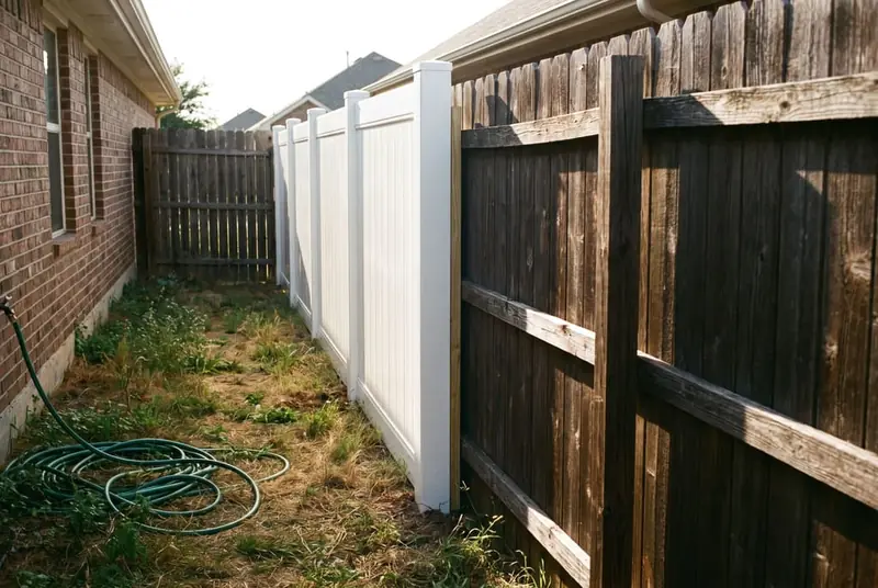 New white vinyl end post set just inside an older stockade fence at the corner of a narrow twin-home backyard
