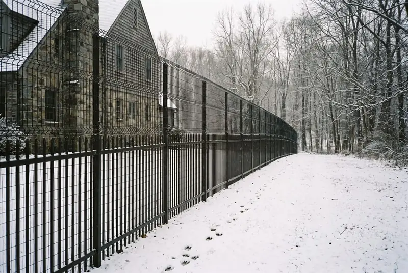 Black aluminum fence with a see-through upper extension along the back of a large wooded suburban lot in winter