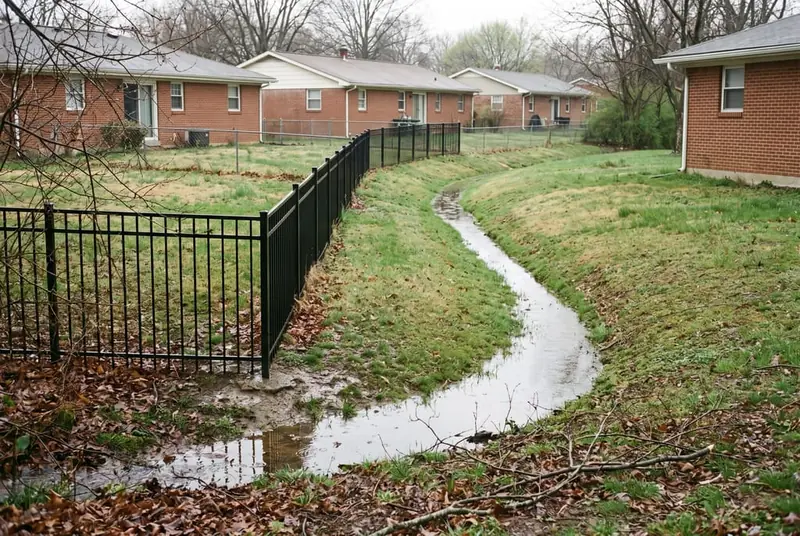 Grassy drainage swale running along the back line of several suburban yards, with a fence stopping at its edge