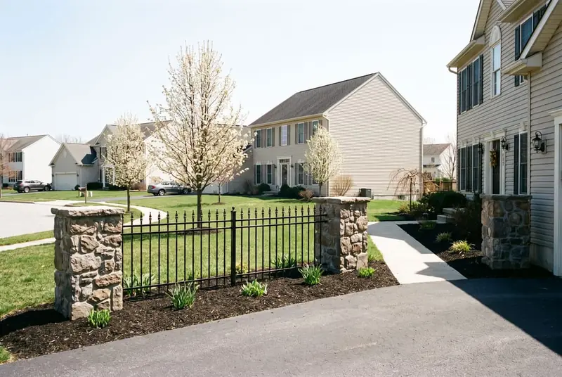 Low black iron accent fence between stone piers beside the front walk of a two-story colonial in a newer subdivision
