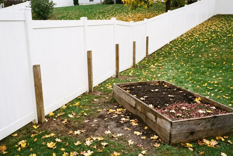 White vinyl privacy fence stepping down a sloped backyard at natural grade, with a raised garden bed set inside the line