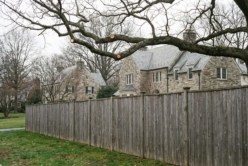 Large oak limbs reaching over a weathered cedar board fence between two stone houses in early spring