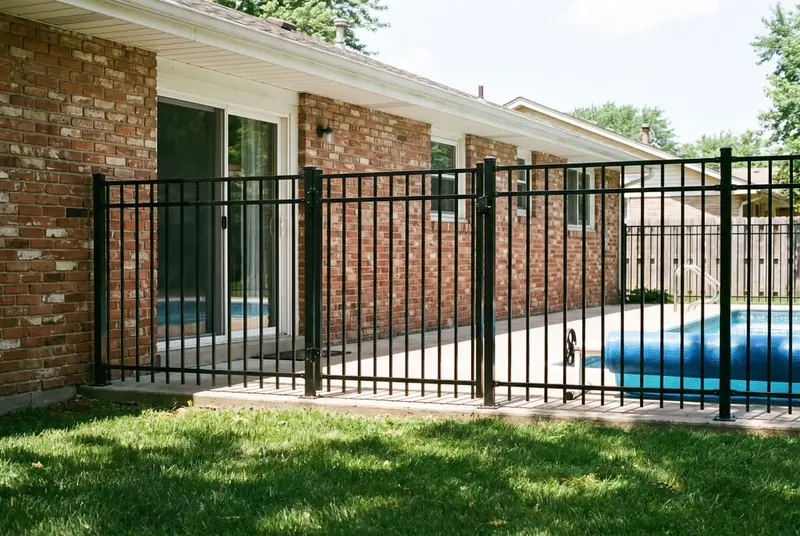 Black aluminum pool fence meeting the brick back wall of a house beside a sliding patio door and an in-ground pool