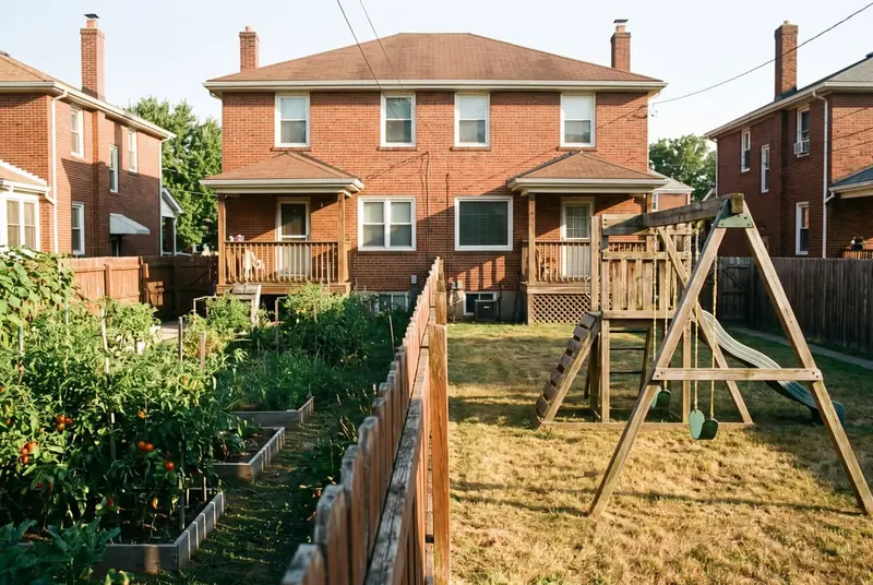 Board fence running down the shared lot line between the backyards of two halves of a brick twin home