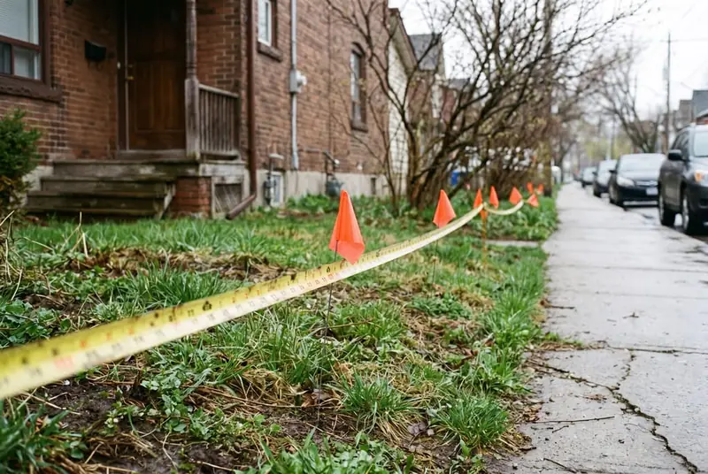 Tape measure stretched across a narrow side yard between brick twin homes, with marking flags where fence posts will go