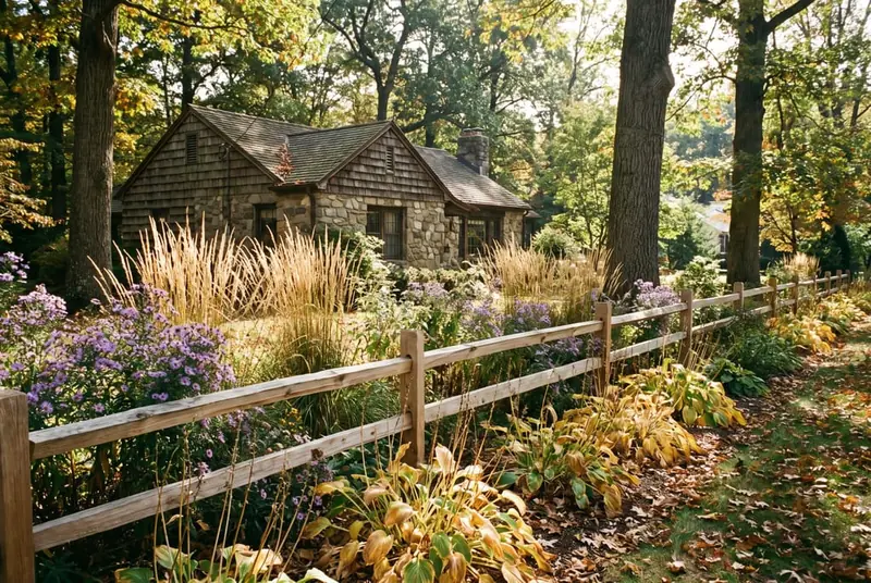 Knee-high natural cedar rail border fence edging a perennial bed in front of a stone house on a wooded lot