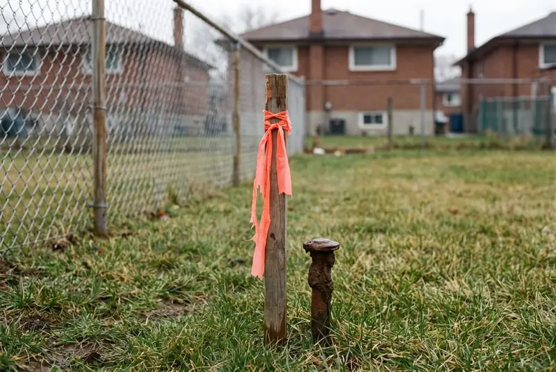 Wooden survey stake with orange flagging tape at a lot corner beside an old chain-link fence