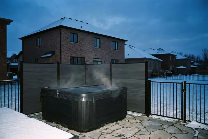 Hot tub on a stone patio screened by gray composite privacy panels, with a short aluminum fence and gate
