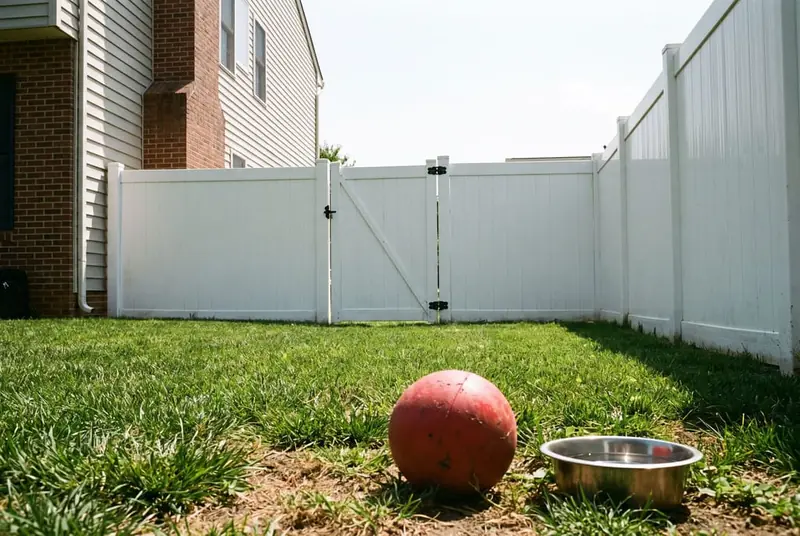 Medium-size dog's view of a white vinyl privacy fence and closed gate across a fenced suburban back yard