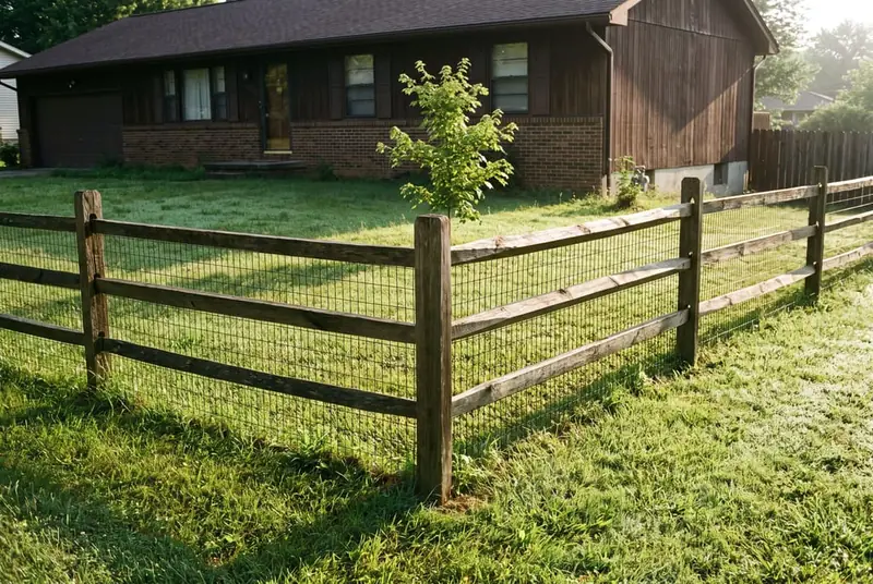 Three-rail split rail fence with welded wire backing across the front lawn of a ranch house