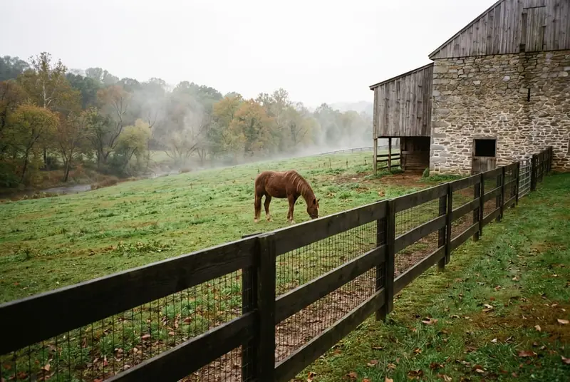 Three-board wood horse fence with an inside welded-wire lining around a sloping green paddock beside a stone barn