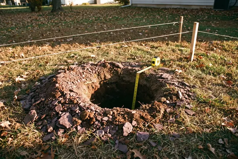 Freshly dug fence post hole showing dark red shale fragments beside a tape measure on a suburban lawn