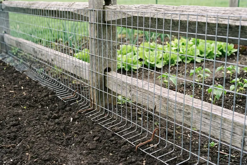 Low split-rail garden fence lined with welded wire mesh, its bottom edge bent outward and pinned along the soil