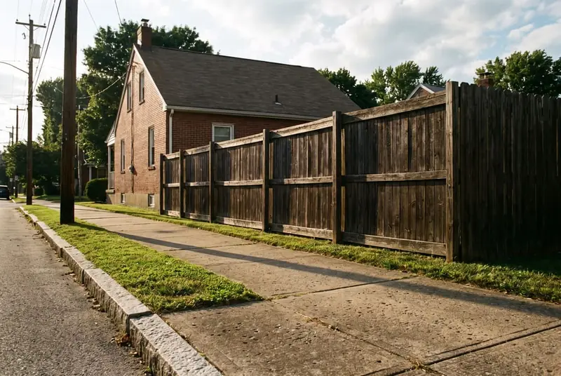 Wood privacy fence set well back from a concrete sidewalk and grass strip beside an older brick single home