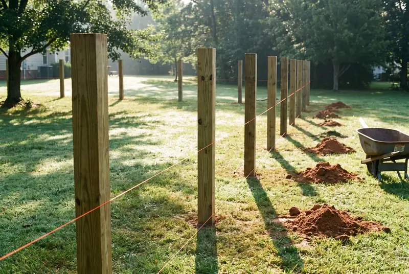 Row of freshly set wood fence posts with a taut string line across a backyard, before rails and boards go on