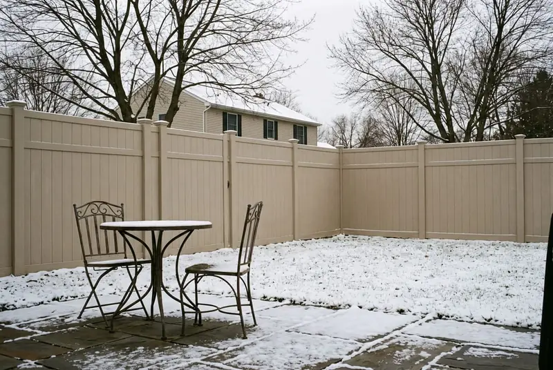 Tall tan vinyl privacy fence around the backyard of a 1990s colonial, seen from a stone patio on a gray winter day