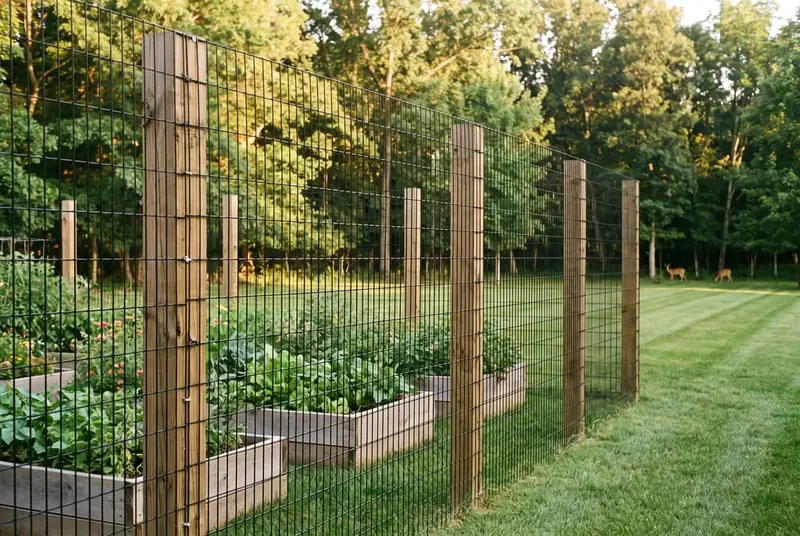Tall black welded-wire deer fence on wood posts around a raised-bed vegetable garden at the edge of a wooded lot