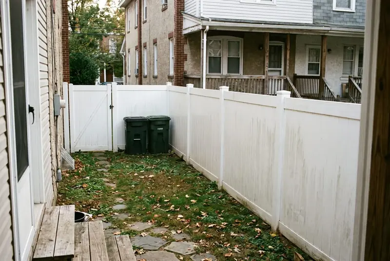 Narrow backyard of a brick twin home enclosed by a white vinyl privacy fence with a walk gate beside the trash cans