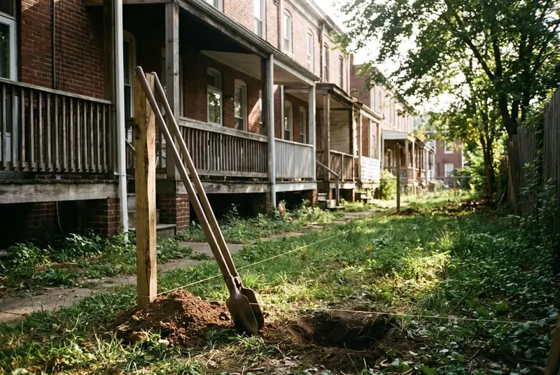Post-hole digger resting beside a fresh hole along a string line in a narrow backyard behind brick rowhouses
