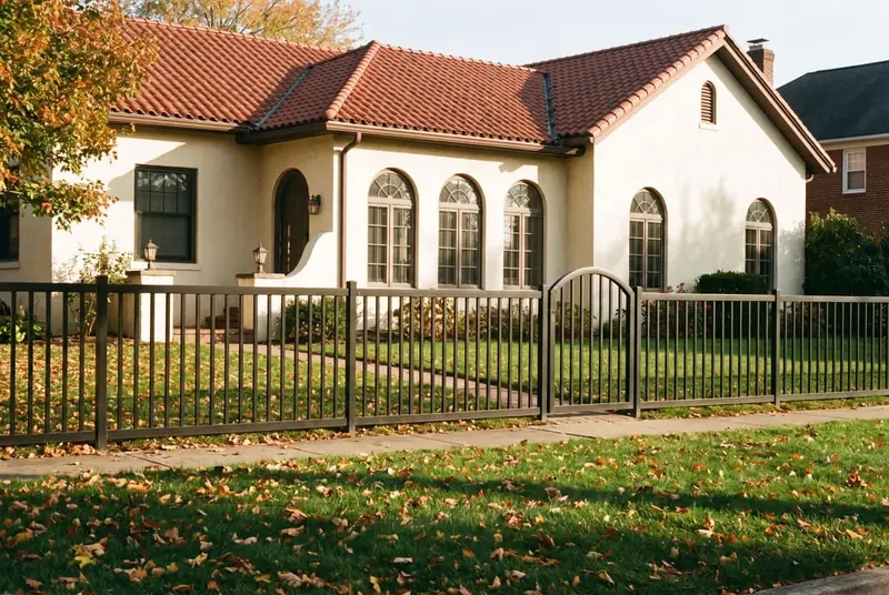 Low black aluminum flat-top fence in front of a cream stucco Mission-style house with a red tile roof