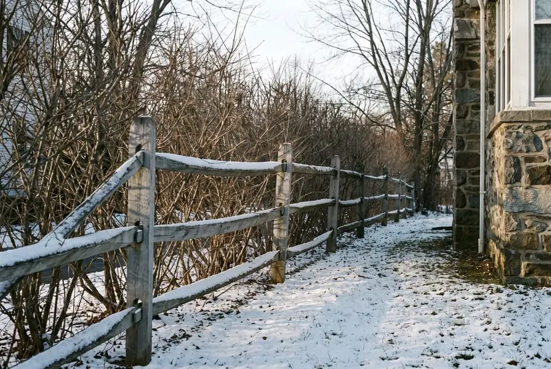 Weathered gray split rail fence between two older suburban lots, with an overgrown hedgerow along it in winter