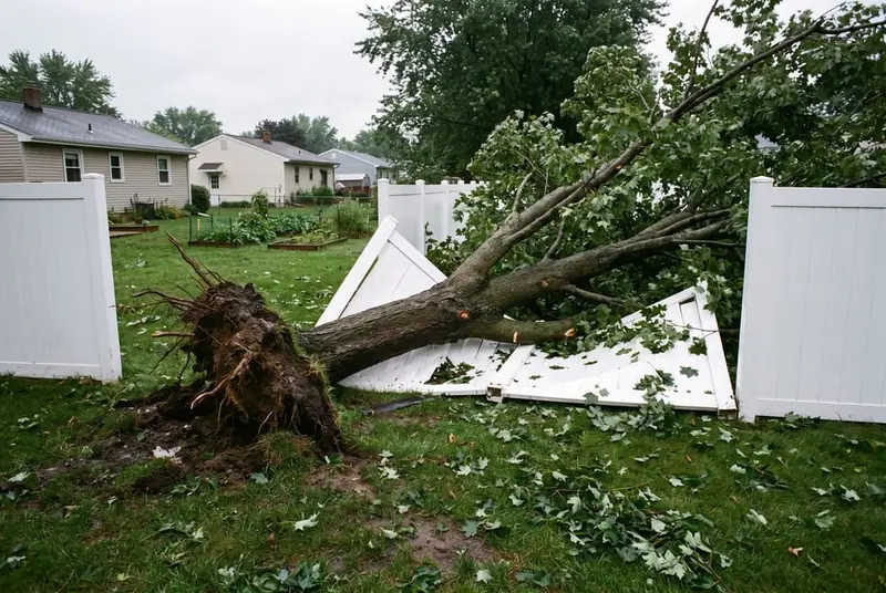 Storm-felled maple trunk lying across a crushed section of white vinyl privacy fence after a summer storm