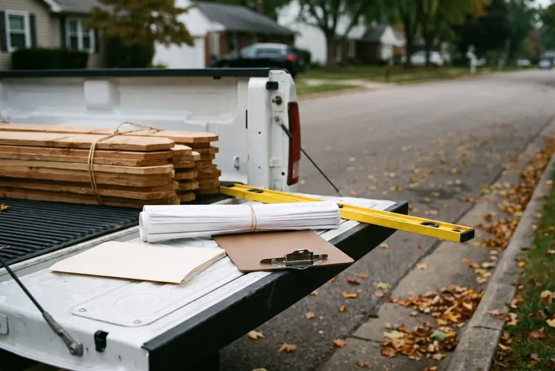 Rolled site plans, a folder and a level on the dropped tailgate of a work pickup parked on a suburban street