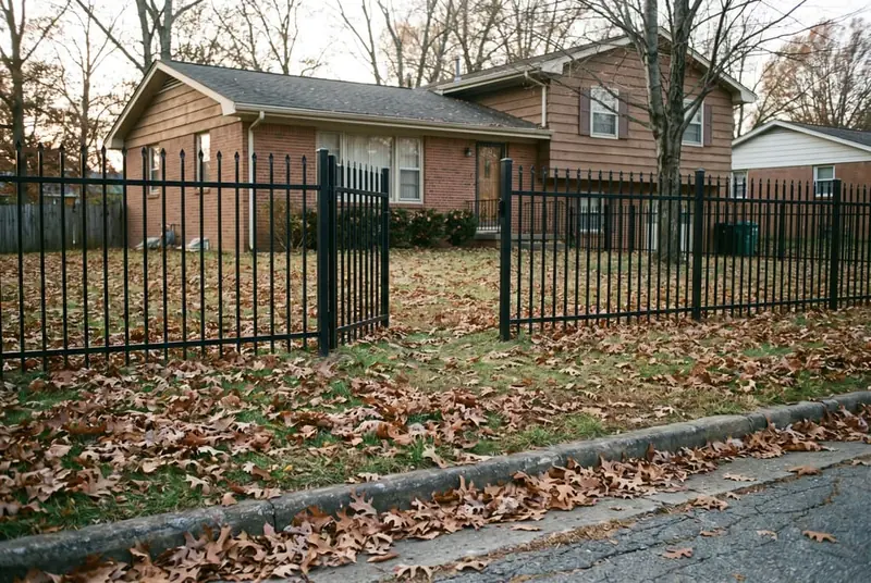 Black aluminum 4 ft front-yard fence with a walk gate opening toward the grass strip by the street, split-level home behind