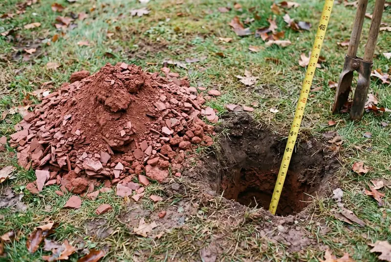 Fresh post hole with a pile of broken red shale chips beside it and a tape measure dropped into the hole