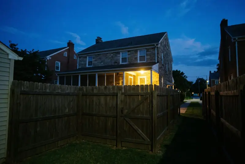 Dark-stained 6-ft board fence and closed gate enclosing the back yard of a stone Colonial Revival house at dusk
