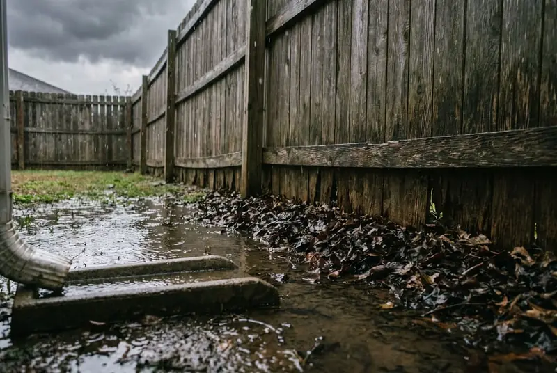 Rainwater pooling against the base of a solid gray board fence in a soggy suburban backyard