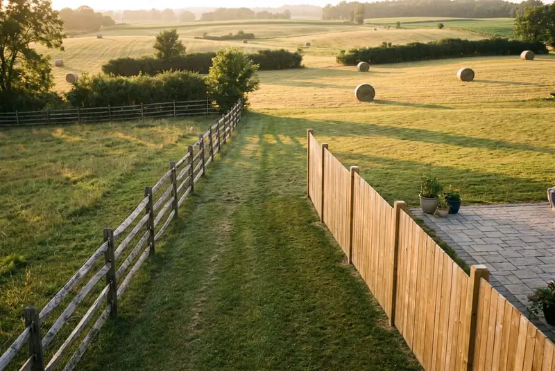 Split rail fence on a rural lot line with a taller wood privacy fence set a few feet inside it near a patio