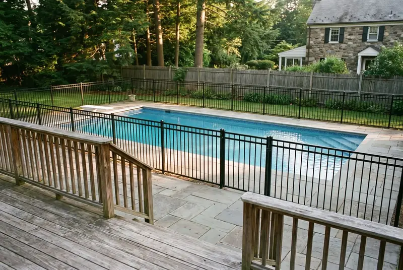 Black aluminum pool fence with a self-closing gate around an in-ground pool behind a 1920s stone colonial