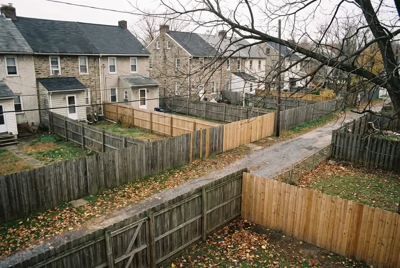 Row of narrow back yards behind stone and stucco twins, separated by 6 ft board fences, seen from above
