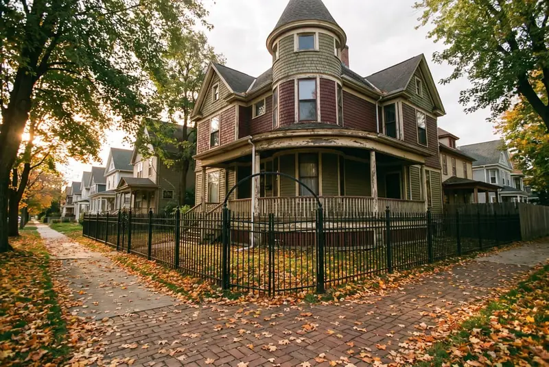 Open black iron-style front fence before a Queen Anne house with a turret, autumn leaves on the walk