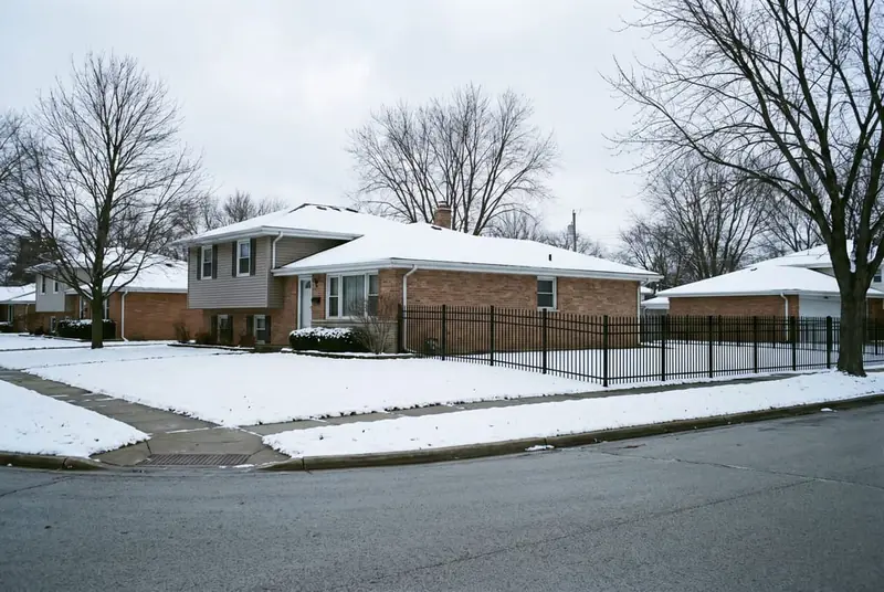Black aluminum fence running from the side of a split-level house along a side street on a snowy corner lot