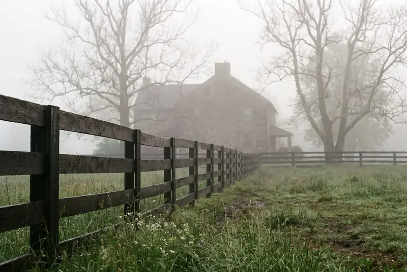 Four-board wooden paddock fence on a misty morning, with a stone farmhouse and mature trees behind