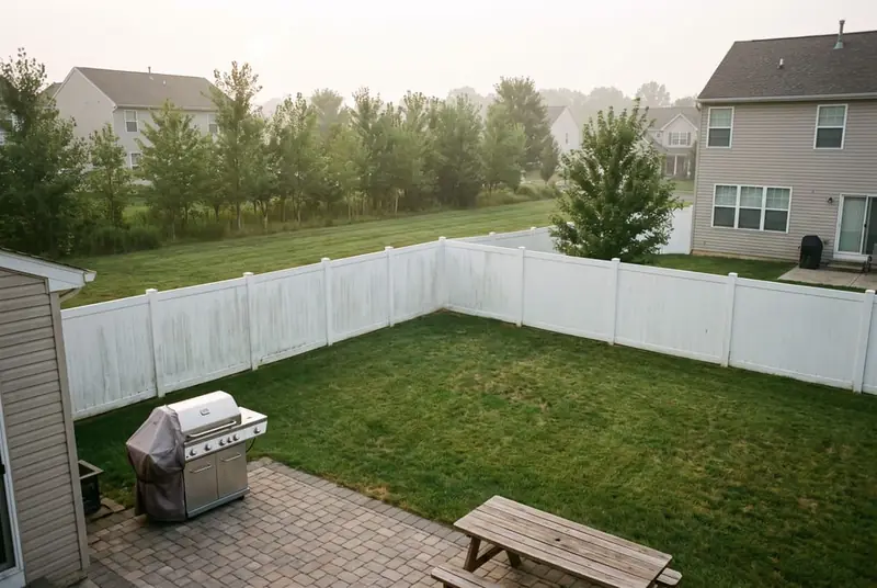 White vinyl privacy fence set just inside the rear lot line of a newer two-story home, open space behind